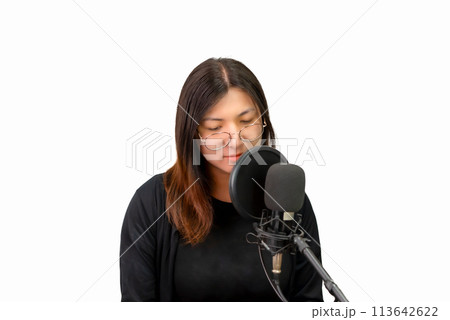 Woman (LGBTQ) singer sing a song with microphone 113642622