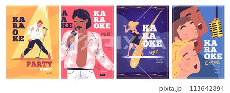 Karaoke singers posters. Young adult singer battle or vocal competition banner, singing party microphone sing stage night club 113642894