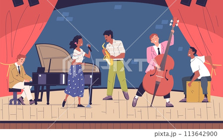Jazz band characters concert. Musician playing retro piano, singing vocalist saxophonist artist stage performance african cultural music festival concept classy vector illustration Jazz band characters concert. Musician playing retro piano, singing vocalist saxophonist artist stage performance african cultural music festival concept classy vector illustration 113642900