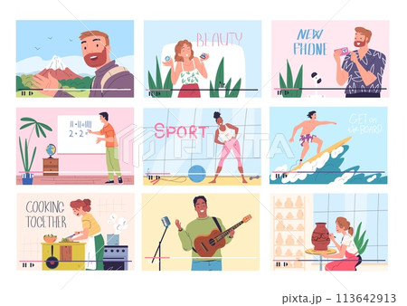 Bloggers tutorials. Video tutorial or online vlog teen creator, young blogger and social media influencer internet education broadcast popular blog show, classy vector illustration Bloggers tutorials. Video tutorial or online vlog teen creator, young blogger and social media influencer internet education broadcast popular blog show, classy vector illustration 113642913