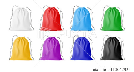 Sport sacks. Realistic gym backpack on nylon string strap cord, isolated drawstring bag mockup for shoes backpacking, cloth pouch pocket handbag laundry nowaday vector illustration 113642929