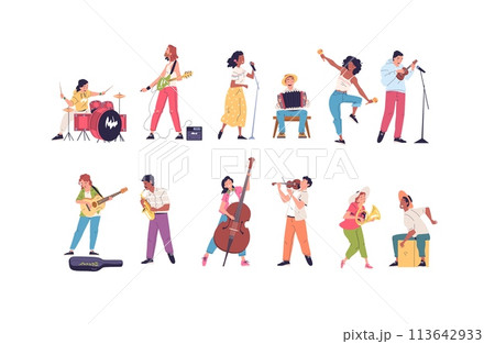 Street musician characters. Musicians people band, woman guitarist violinist, teen city musical artist playing jazz instrument, singer live voice music classy vector illustration 113642933