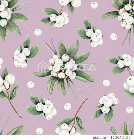 Stylish white berries on dust pink watercolor seamless pattern. Hand drawn snowberry branches with green leaves, Botanical Christmas plant for floral winter designs and holidays greeting cards 113643195
