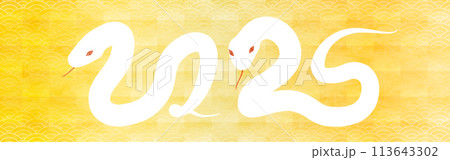 2025年巳年の年賀状素材、2025の数字をかたどった蛇と金色の和風背景 2025年巳年の年賀状素材、2025の数字をかたどった蛇と金色の和風背景 113643302