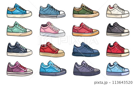 Cartoon sneakers, sport shoes foot pair footwear trendy colorful boots for walking athletic running or fitness set vector illustration 113643520