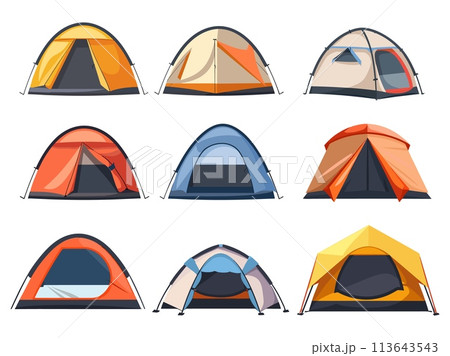 Camping tents for tourist mountaineering forest camp hiking campsite cartoon vector illustration 113643543