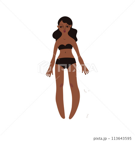 Flat Latino woman in underwear. Brown skin person with black hair in cartoon style for multinational and diversity designs. Vector illustration. Flat Latino woman in underwear. Brown skin person with black hair in cartoon style for multinational and diversity designs. Vector illustration. 113643595