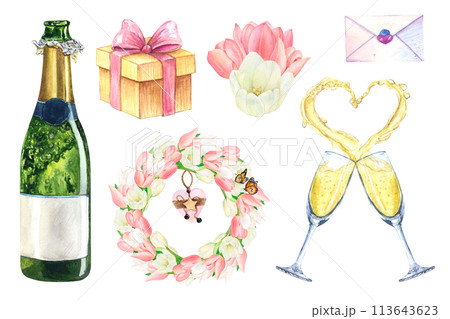 Wedding set watercolor drawing love. Champagne glass heart bottle wreath. Tulips box invitation. Golden sparkling party valentine greeting card. Couple festival holiday. Isolated on white background Wedding set watercolor drawing love. Champagne glass heart bottle wreath. Tulips box invitation. Golden sparkling party valentine greeting card. Couple festival holiday. Isolated on white background 113643623