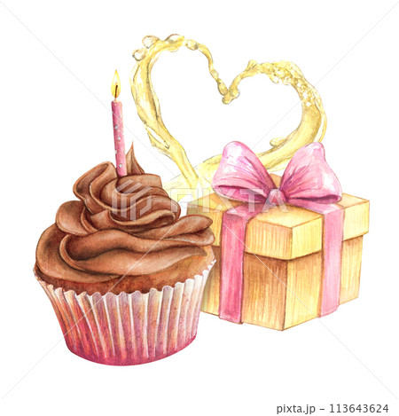 Cupcake present box heart watercolor drawing. Champagne birthday chocolate cream. Cake muffin dessert illustration. Greeting card invitation party aquarelle. Isolated white background whipped candle Cupcake present box heart watercolor drawing. Champagne birthday chocolate cream. Cake muffin dessert illustration. Greeting card invitation party aquarelle. Isolated white background whipped candle 113643624