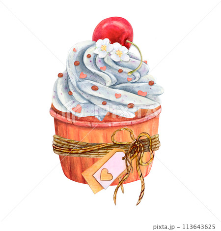 Cupcake muffin cream watercolor drawing vanilla cherry. Cake whipped heart label tasty dessert illustration. Birthday anniversary pastry aquarelle picture. Isolated white background. Rope cream flower Cupcake muffin cream watercolor drawing vanilla cherry. Cake whipped heart label tasty dessert illustration. Birthday anniversary pastry aquarelle picture. Isolated white background. Rope cream flower 113643625