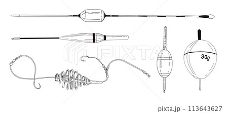 Fishing float bobber feeder vector illustration tackle set. Bait minnow line drawing. Silhouette outline fisher angler tool. Black hook catch sport equipment. Gear floater bob cork. Wave plastic water Fishing float bobber feeder vector illustration tackle set. Bait minnow line drawing. Silhouette outline fisher angler tool. Black hook catch sport equipment. Gear floater bob cork. Wave plastic water 113643627