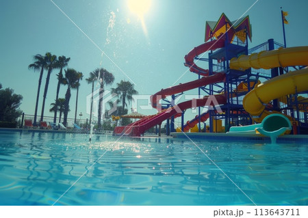 ウォータースライダーのあるプール 113643711