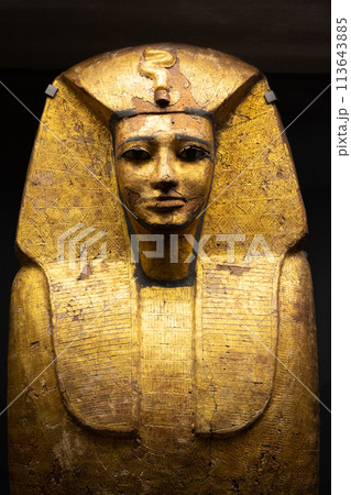 An ancient Egyptian sarcophagus on display, showcasing intricate golden hieroglyphics and craftsmanship. Louvre Museum in Paris, France 113643885