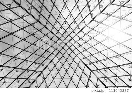 Underneath the Louvre Pyramid, the intricate glasswork contrasts against a blue sky on a clear day in Paris, France. Black and white image. 113643887