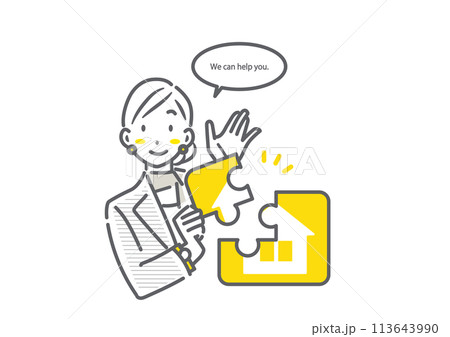 資金援助を提案する女性スタッフ　シンプルでお洒落な線画イラスト 113643990