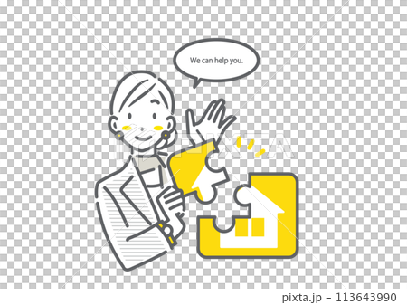 資金援助を提案する女性スタッフ　シンプルでお洒落な線画イラスト 113643990