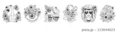 Retro tattoo. Psychedelic art with flowers, eye, mushrooms, girl hippie, peace symbol, roller skate. Groovy black line tattoo stickers. Hippy woman with glasses, cactus, rollerskate. Vector doodle set 113644023