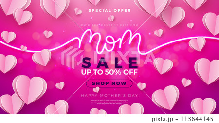 Mother's Day Sale Banner Design with Paper Hearts and Glowing Neon Light Lettering on Pink Background. Vector Seasonal Discount Offer Illustration with Typography for Voucher, Online Ads, Flyer 113644145