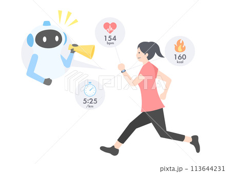 スマートウォッチをつけて走っている女性をAIのトレーナーがサポートしているイメージ 113644231