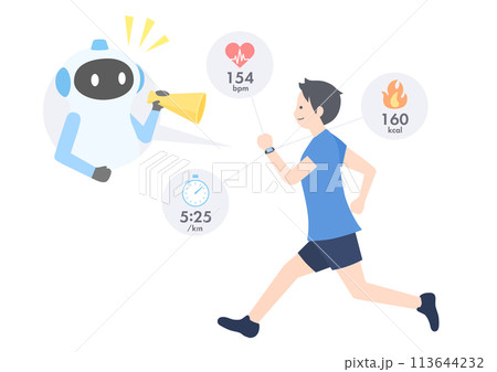 スマートウォッチをつけて走っている男性をAIのトレーナーがサポートしているイメージ 113644232