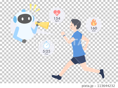 スマートウォッチをつけて走っている男性をAIのトレーナーがサポートしているイメージ 113644232