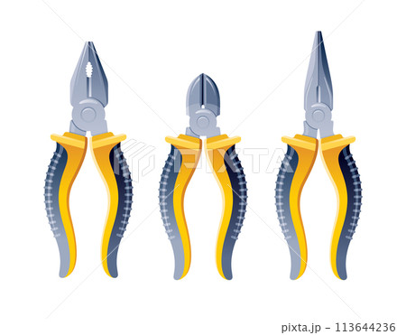 Pliers tool, wire and side cutters, narrow nose pliers. Vector set tool. Isolated pincers illustration. Mechanic nippers, cutter icon. 3d realistic object drawing for jewelry electrical work vector 113644236