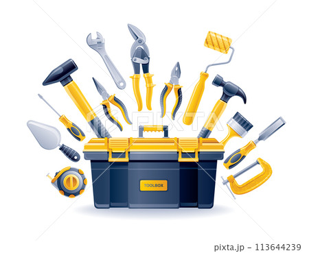 Tool box vector icon. Handyman toolbox for home repair, construction. Maintenance service kit with hammer, screwdriver, paint tool, hardware, carpenter illustration. Building renovation work toolkit 113644239