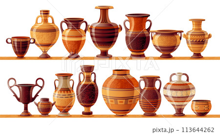 Pottery studio with ceramic vases and jars, clay pots and vintage amphoras on shelf. Handcrafted earthenware different shapes. Pottery workshop collection with clay vases, vector cartoon illustration 113644262