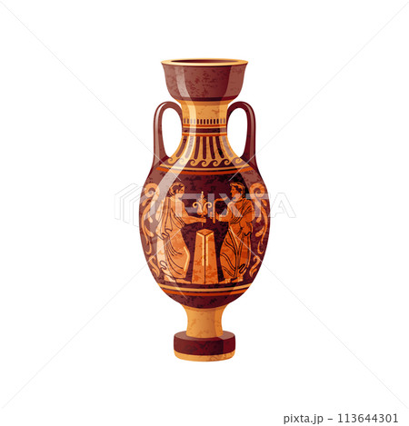 Greek vase. Ancient pottery vector. 3d antique amphora. Greece mythology. Old ceramic art painting. Myth jug, roman urn pattern. Vintage grunge pot jar. Classic red figure greek vase withg ancient god 113644301