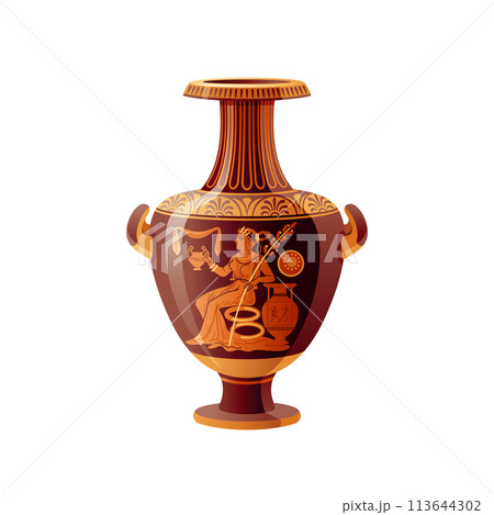 Greek vase. Ancient pottery vector. 3d antique amphora. Greece mythology. old ceramic art painting. Myth jug, roman urn pattern. Vintage pot, jar. Classic red figured greek vase with Demeter goddess Greek vase. Ancient pottery vector. 3d antique amphora. Greece mythology. old ceramic art painting. Myth jug, roman urn pattern. Vintage pot, jar. Classic red figured greek vase with Demeter goddess 113644302