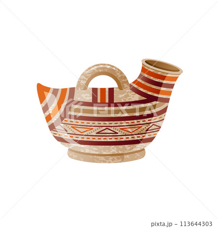 Ancient Greek vase. Pottery vector. Antique jug from Greece. Old clay amphora, pot, urn or jar for wine and olive oil. Vintage ceramic icon isolated. Flat cartoon art with ornament decoration 113644303