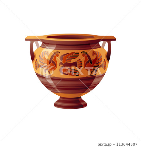 Ancient Greek vase. Pottery vector. Antique jug from Greece. Old clay amphora, pot, urn or jar for wine and olive oil. vintage ceramic icon isolated. Flat cartoon art with ornament decor, bird, sphinx 113644307