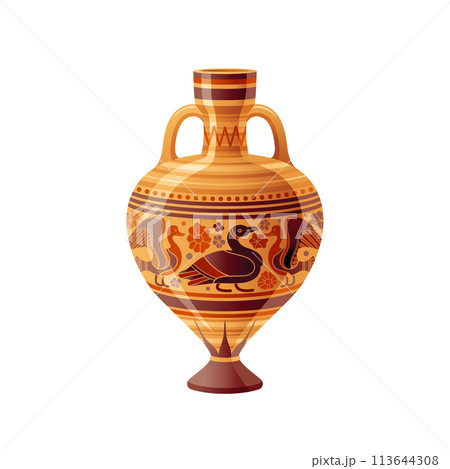 Ancient Greek vase. Pottery vector. Antique jug from Greece. Old clay amphora, pot, urn or jar for wine and olive oil. vintage ceramic icon isolated. Flat cartoon art with ornament decor, duck bird 113644308
