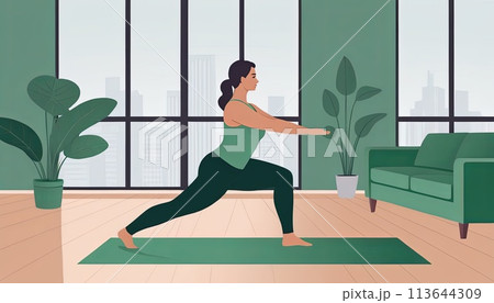 Large woman, yoga practice near sofa, leggings and top attire. Bright room, large window, floor-standing flower. 113644309