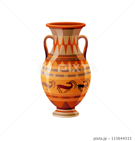 Ancient Greek vase. Pottery vector. Antique jug from Greece. Old clay amphora, pot, urn or jar for wine and olive oil. vintage ceramic icon isolated. Flat cartoon art with ornament decor, antelope Ancient Greek vase. Pottery vector. Antique jug from Greece. Old clay amphora, pot, urn or jar for wine and olive oil. vintage ceramic icon isolated. Flat cartoon art with ornament decor, antelope 113644315