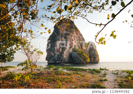 Railay Beach with rocky mountains in the evening Railay Beach with rocky mountains in the evening 113644392