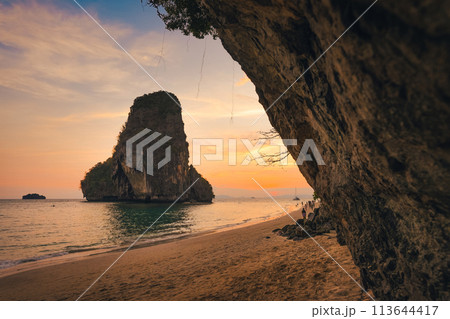Sunset view of the sea and rocky mountains at Railay Beach,Travel summer 113644417