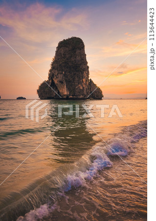 Sunset view of the sea and rocky mountains at Railay Beach,Travel summer 113644423