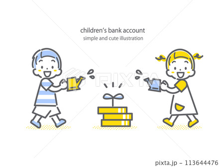 お金を育てる子供たち　シンプルでお洒落な線画イラスト 113644476