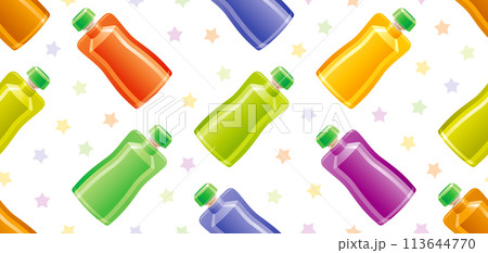 Baby food pattern. Plastic package seamless pattern. Vector doypack icons. Doy bottles. Nutrition feed illustration. Cute children pack for fruit, porridge, milk, vegetable. Canned baby meal pattern 113644770