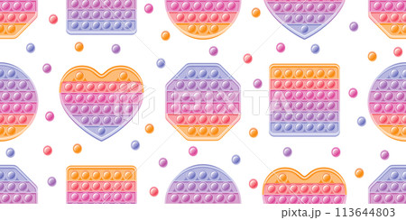 Fidget toy pattern. Popit sensory vector toy. Seamless pastel rainbow popular pop it. 3d soft realistic antistress fidgeting toy. Bubble popit fidget vector. Anti stress sensory cartoon illustration Fidget toy pattern. Popit sensory vector toy. Seamless pastel rainbow popular pop it. 3d soft realistic antistress fidgeting toy. Bubble popit fidget vector. Anti stress sensory cartoon illustration 113644803