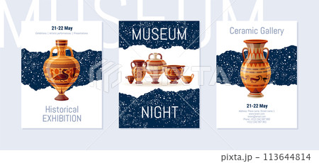 Museums Night poster on stary sky background. Modern vector illustration design with ancient greek, roman clay vase, amphora. Ancient ceramic art design set. Pottery brochure. Museum Night poster set Museums Night poster on stary sky background. Modern vector illustration design with ancient greek, roman clay vase, amphora. Ancient ceramic art design set. Pottery brochure. Museum Night poster set 113644814