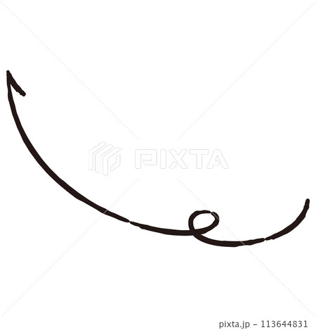 くるんと曲がった手描き矢印のイラスト（白黒） 113644831