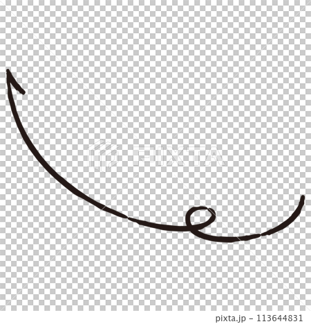 くるんと曲がった手描き矢印のイラスト（白黒） 113644831
