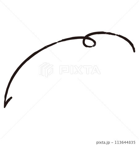 くるんと曲がった手描き矢印のイラスト（白黒） 113644835