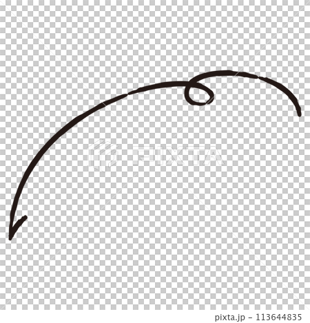 くるんと曲がった手描き矢印のイラスト（白黒） 113644835