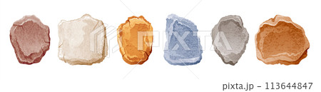 Stone vector. Rock set. Cartoon boulder isolated. Pebble texture. Nature wall, mountain debris shape. Broken blocks. Watercolor illustration. Stone rock art. Cliff beach color stones. Sand round set 113644847