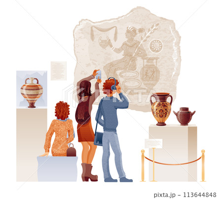 Museum vector. Art gallery exhibition with people. Illustration of ancient greek roman painting statue pottery. Cartoon flat museum. Vector vase exhibition. Historic hall design. Antique art interior 113644848