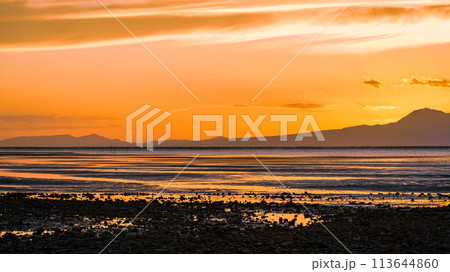 夕焼けの干潟 長部田海床路（熊本県宇土市） 113644860