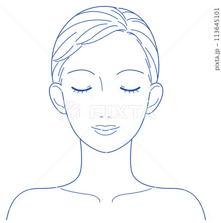 女性　顔　正面　目を閉じた　線画　加工用 113645101